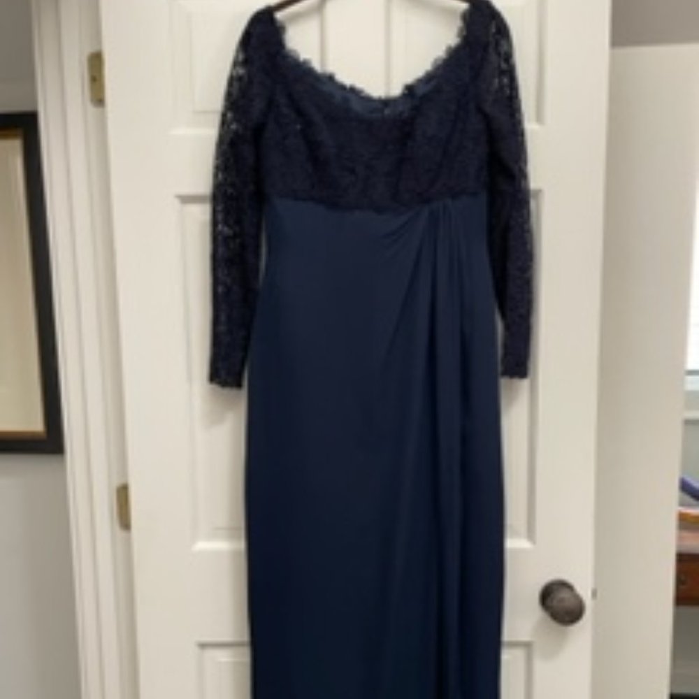 Helen Morley Navy Off Shoulder Floor Length Gown Silk and Lace Size 10